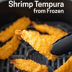 air fryer frozen shrimp tempura with tongs holding