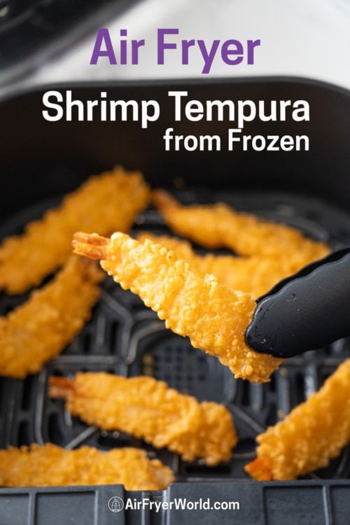 air fryer frozen shrimp tempura with tongs holding 