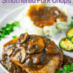 air fryer smothered pork chops on plate with mashed potatoes