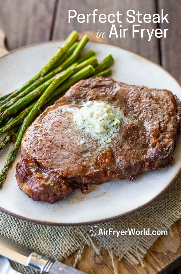 Air fryer steak on a plate with butter