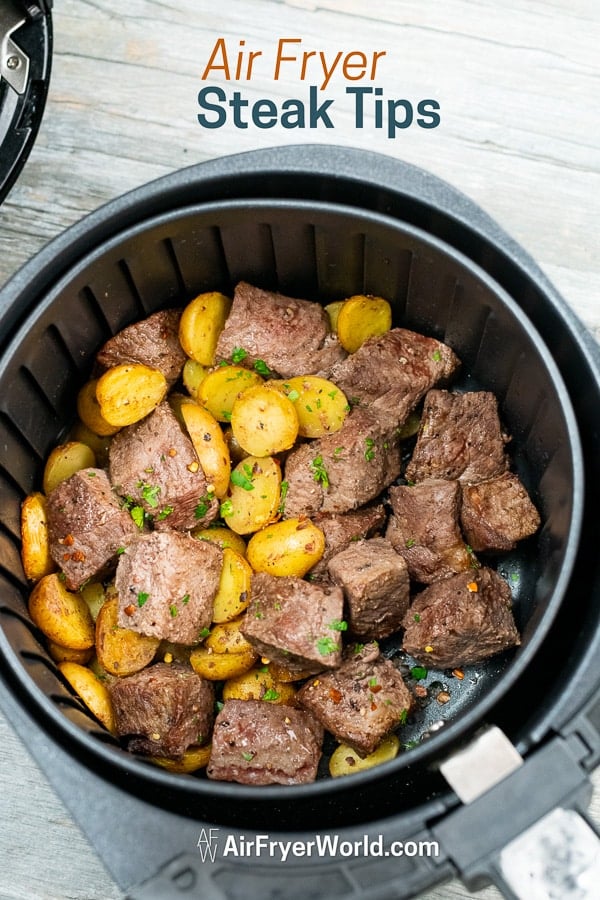 Best Air Fried Steak Tips Recipe in Air Fryer in a basket