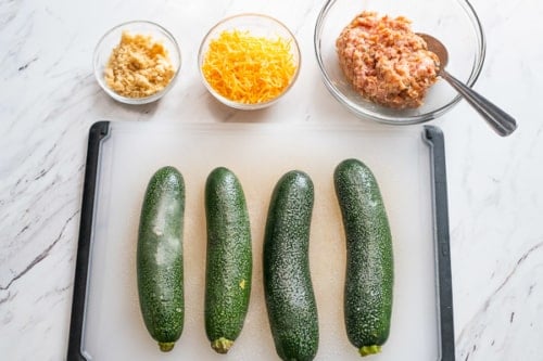 Zucchini halves skin side up and sprayed with oil