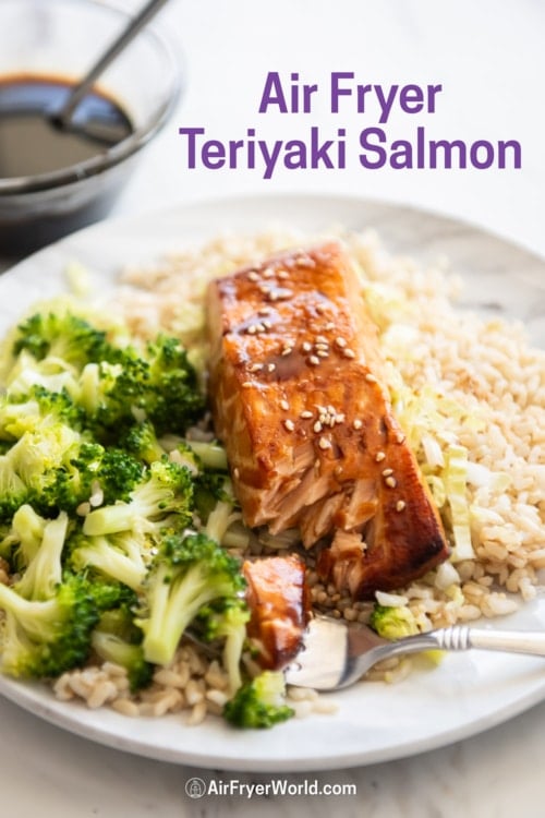 plate of air fryer teriyaki salmon with rice and broccoli