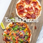 Pepperoni and Salsa Tortilla Pizza on Cutting Board