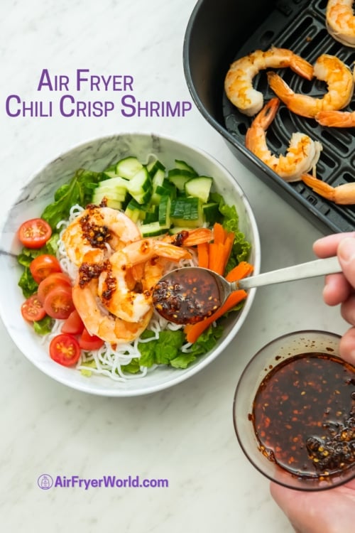 finishing bowl of chili crisp air fryer shrimp 