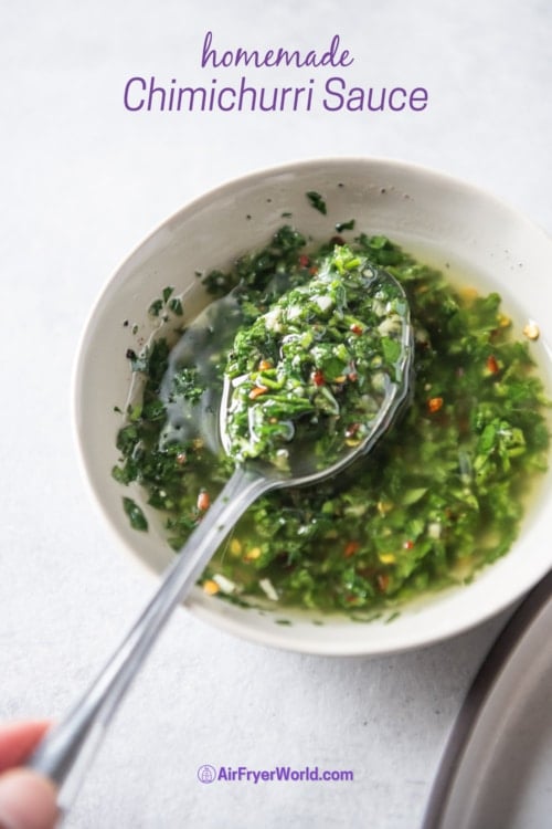 spooning chimichurri sauce recipe in bowl