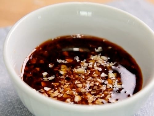 Dumpling sauce ingredients in a bowl