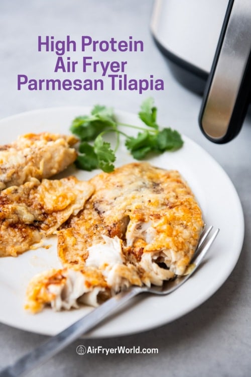 plated high protein air fryer tilapia fish with fork 