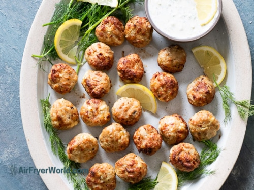 Meatballs on a platter with tzatziki dip