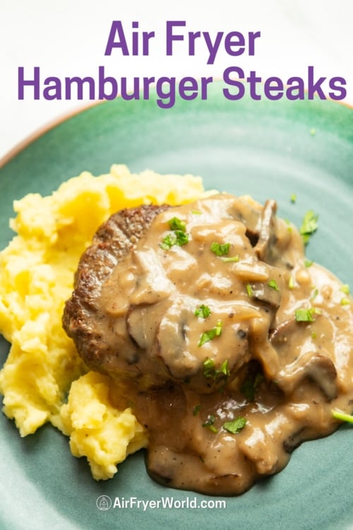 air fryer hamburger steaks with gravy on plate 