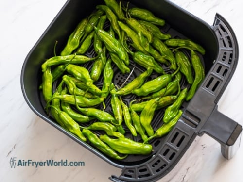 raw shishito peppers in air fryer basket