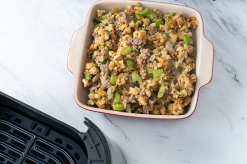 Baking dish filled with stuffing