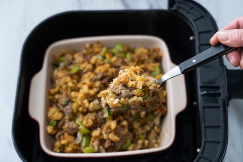 Spoonful of cooked stuffing